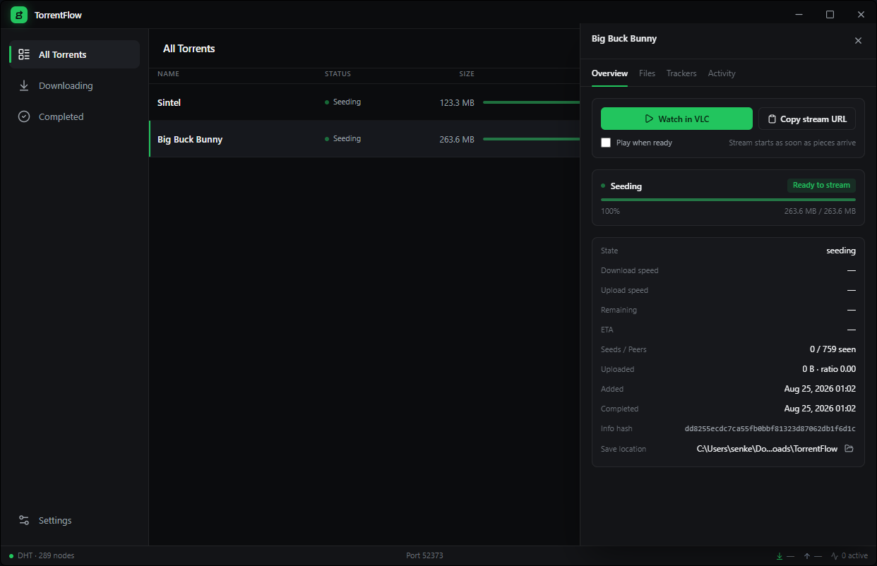 TorrentFlow application window showing active torrents with live progress
